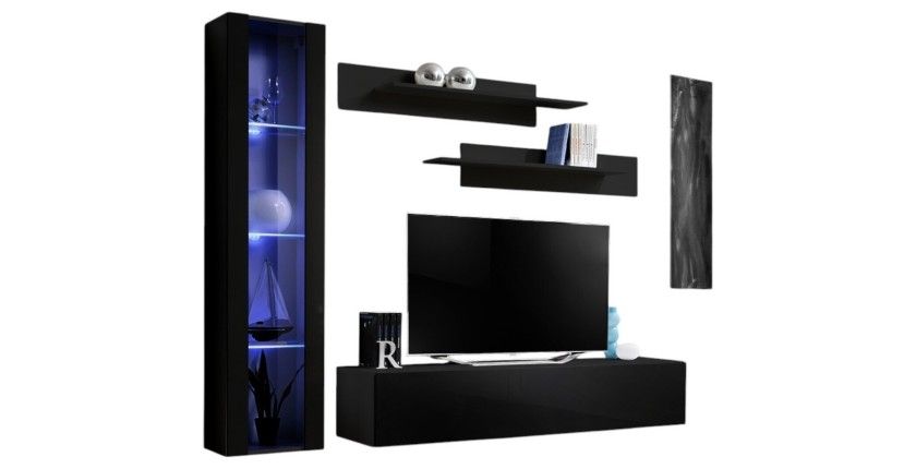 Meuble TV FLY G2 design, coloris noir brillant. Meuble suspendu moderne et tendance pour votre salon.