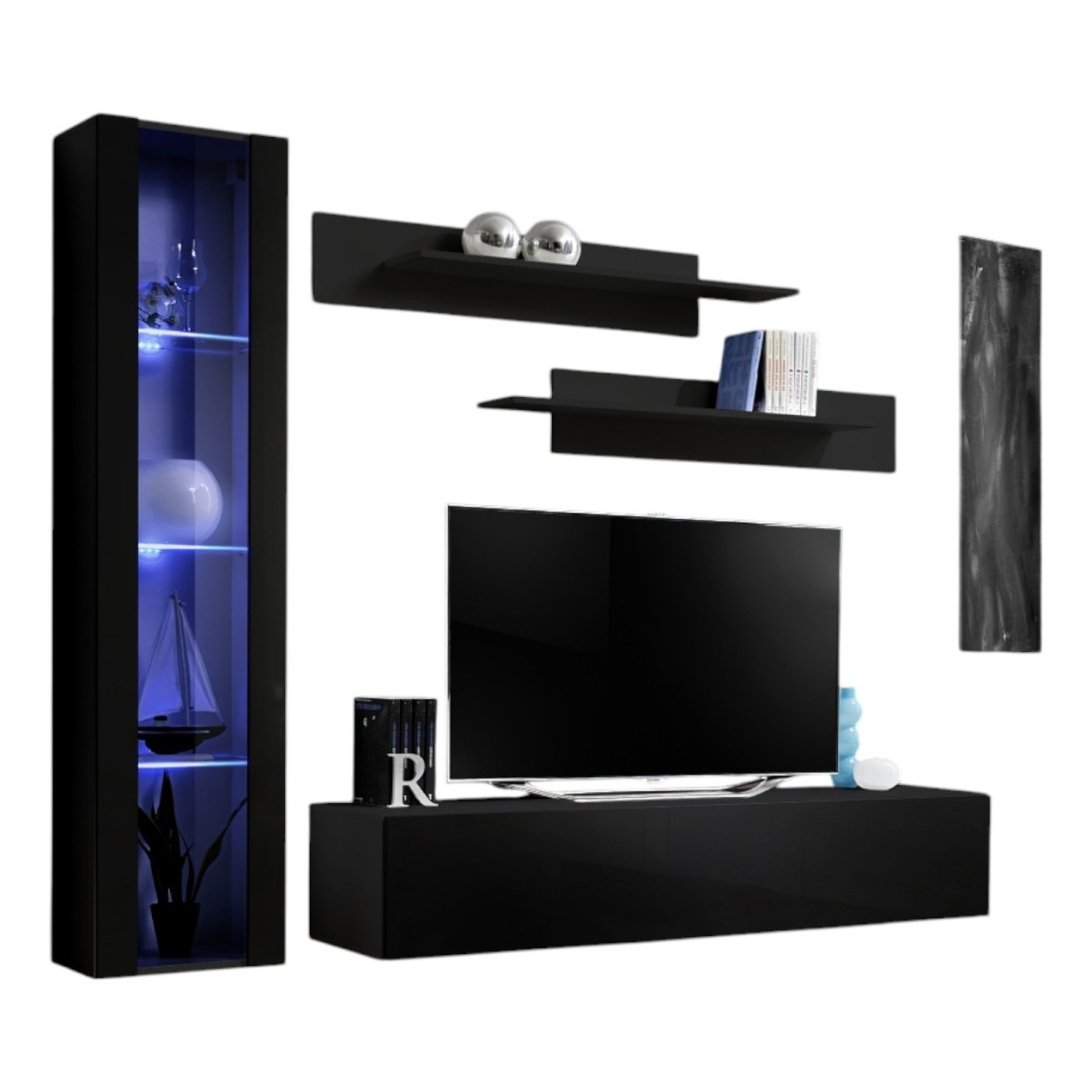 Meuble TV FLY G2 design, coloris noir brillant. Meuble suspendu moderne et tendance pour votre salon.