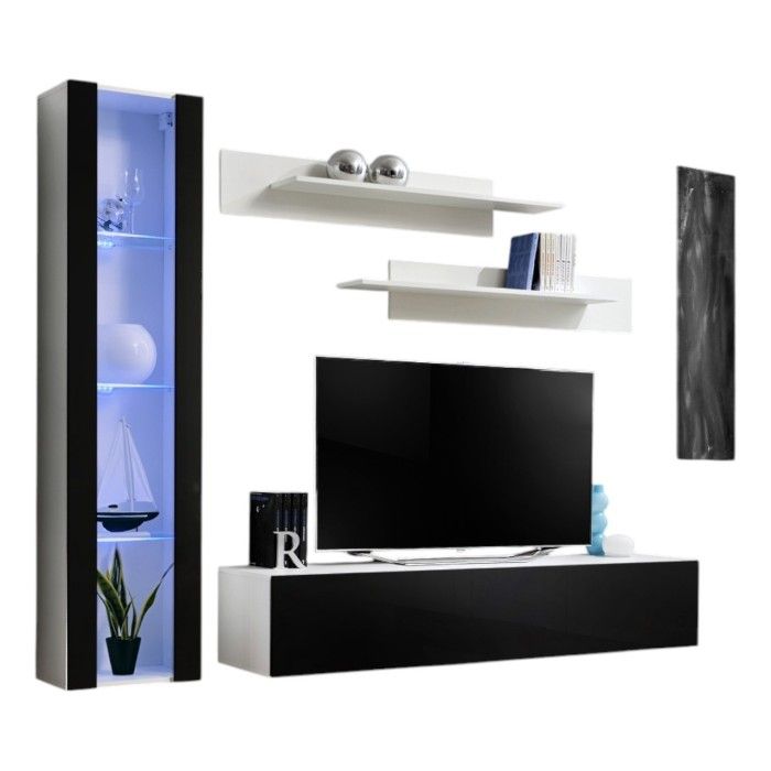Möbelstück TV FLY G2 Design, Farben Weiß und Schwarz glänzend. Modernes und trendiges hängendes Möbelstück für Ihr Wohnzimmer.
