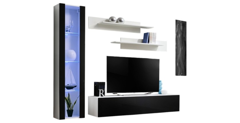 Meuble TV FLY G2 design, coloris blanc et noir brillant. Meuble suspendu moderne et tendance pour votre salon.
