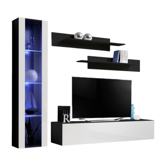 Meuble TV FLY G2 design, coloris noir et blanc brillant. Meuble suspendu moderne et tendance pour votre salon.