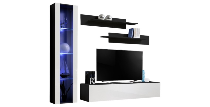 TV-Möbel FLY G2 Design, in glänzendem Schwarz und Weiß. Modernes und trendiges hängendes Möbelstück für Ihr Wohnzimmer.