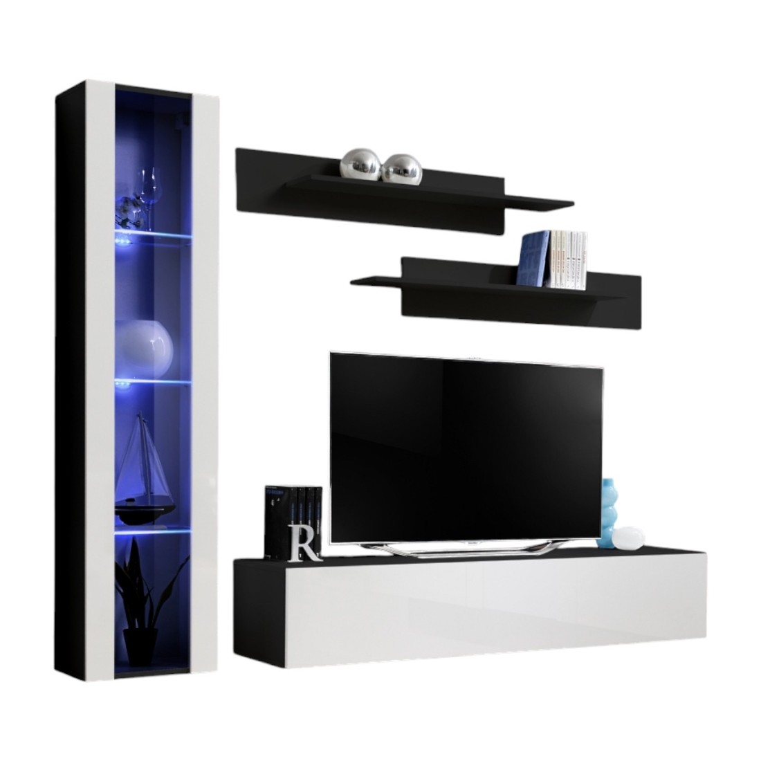 TV-Möbel FLY G2 Design, in glänzendem Schwarz und Weiß. Modernes und trendiges hängendes Möbelstück für Ihr Wohnzimmer.