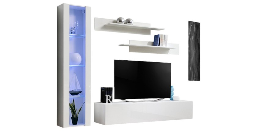 Meuble TV FLY G2 design, coloris blanc brillant. Meuble suspendu moderne et tendance pour votre salon.