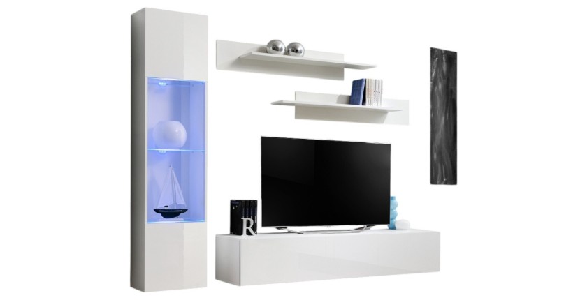 Meuble TV FLY G3 design, coloris blanc brillant. Meuble suspendu moderne et tendance pour votre salon.
