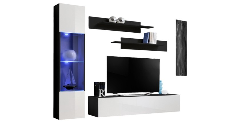 Meuble TV FLY G3 design, coloris noir et blanc brillant. Meuble suspendu moderne et tendance pour votre salon.