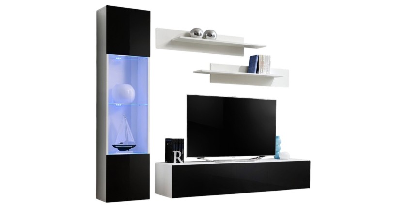 Meuble TV FLY G3 design, coloris blanc et noir brillant. Meuble suspendu moderne et tendance pour votre salon.