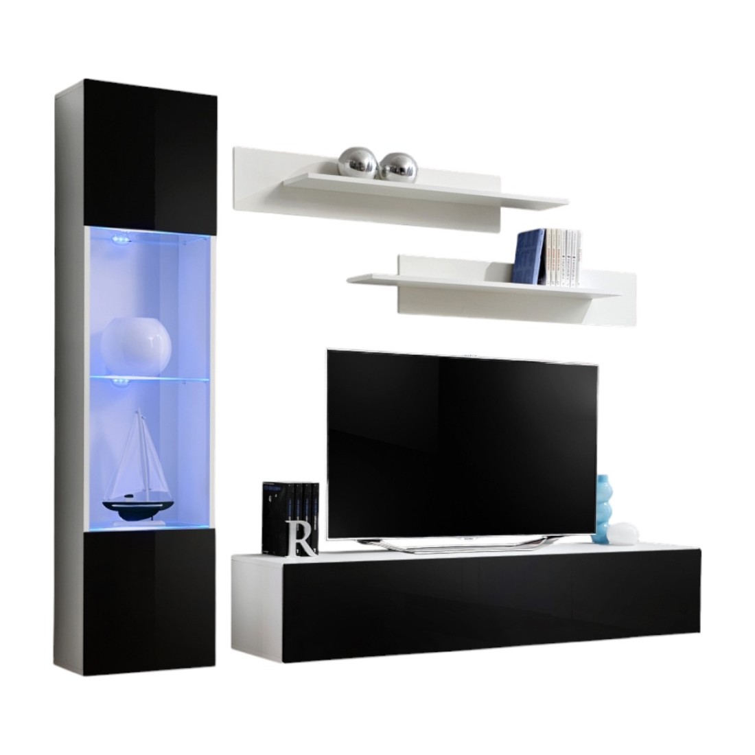 Meuble TV FLY G3 design, coloris blanc et noir brillant. Meuble suspendu moderne et tendance pour votre salon.