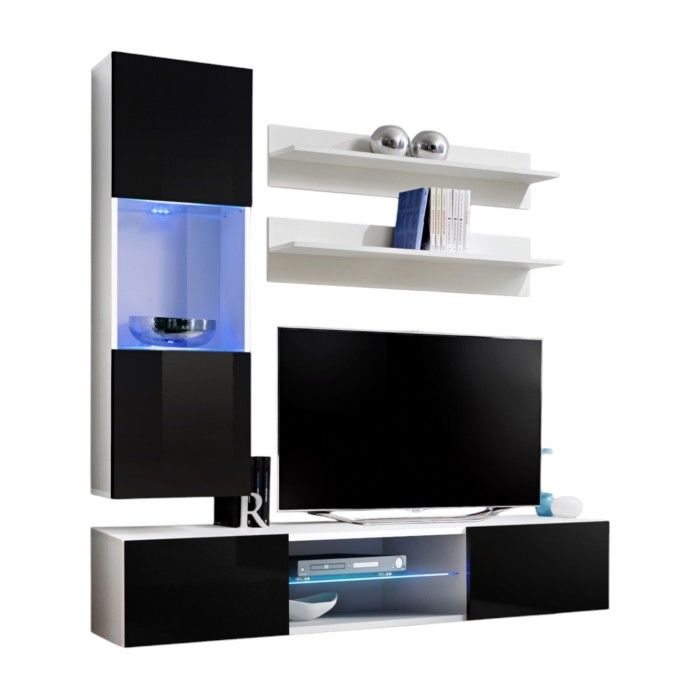 Ensemble Meuble TV FLY S3 – Wit en Zwart – Geïntegreerde LED – Zwevend designmeubel