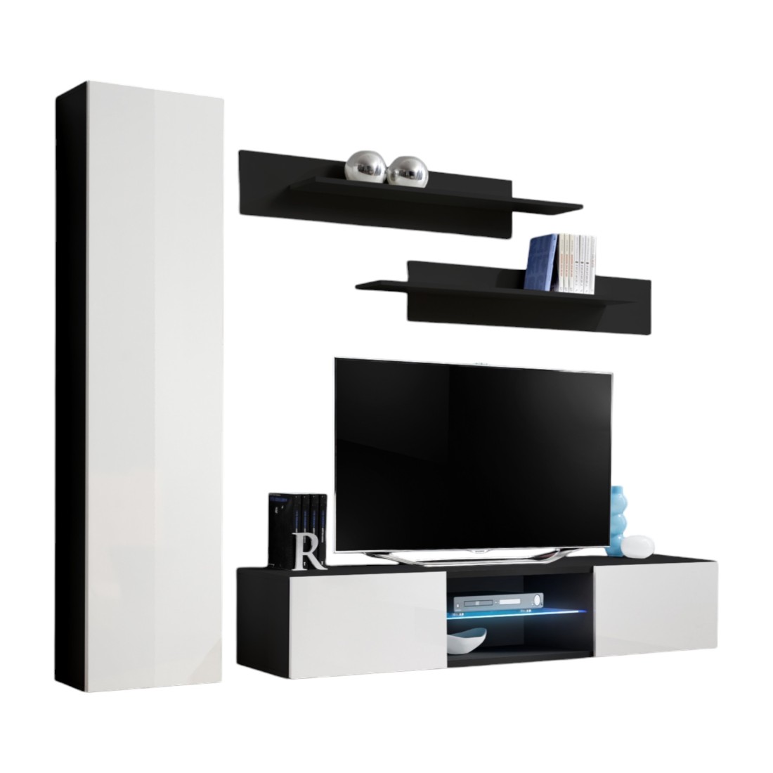 Ensemble Meuble TV FLY R1 avec LED. Coloris noir et blanc. Meuble suspendu design pour votre salon.