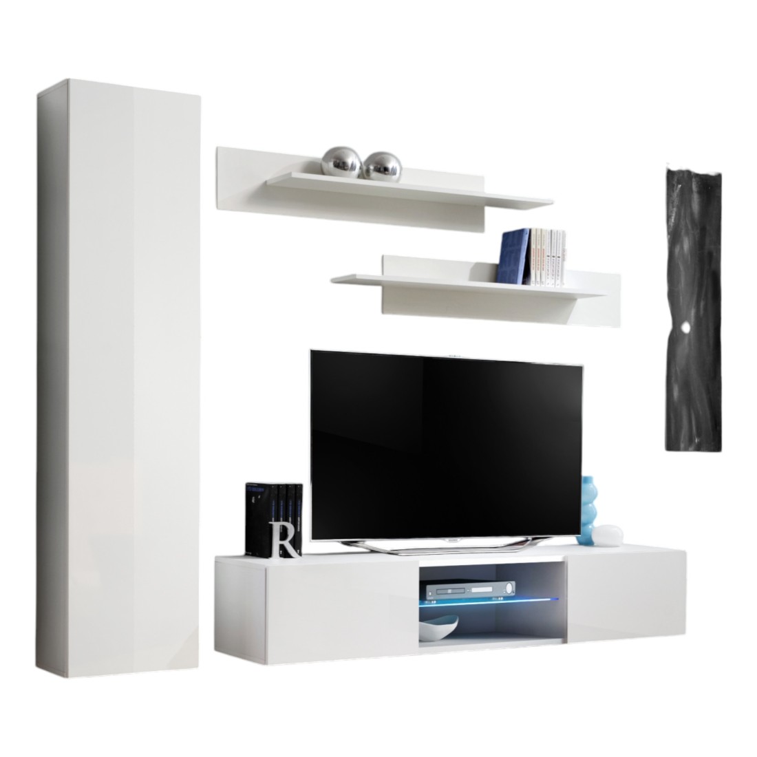 Ensemble Meuble TV FLY R1 avec LED. Coloris blanc. Meuble suspendu design pour votre salon.