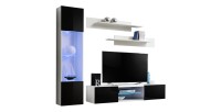 Ensemble Meuble TV FLY R3 avec LED. Coloris blanc et noir. Meuble suspendu design pour votre salon.