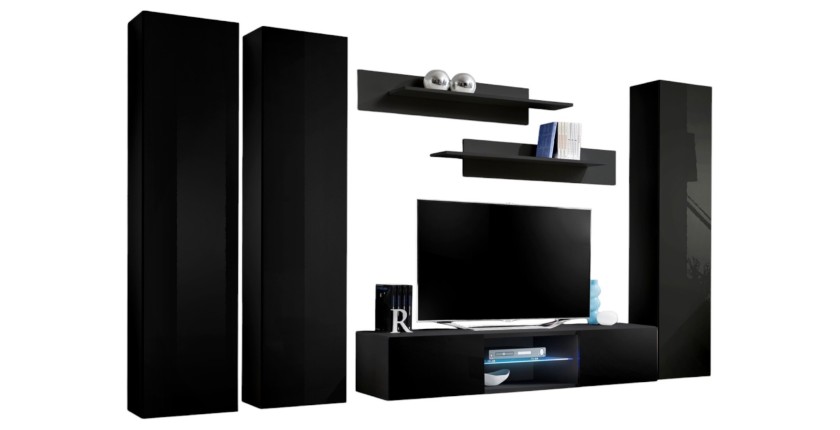 Ensemble Meuble TV FLY P1 avec LED. Coloris noir. Meubles suspendus design pour votre salon.