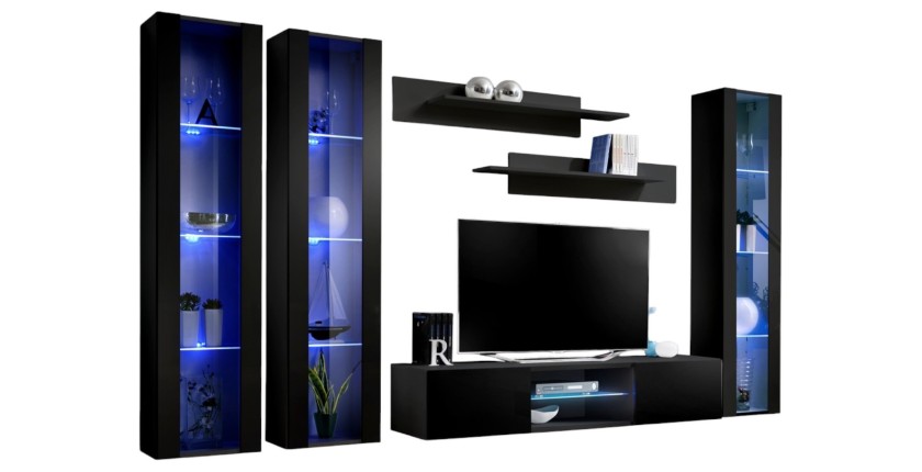 Ensemble Meuble TV FLY P2 avec LED. Coloris noir. Meubles suspendus design pour votre salon.