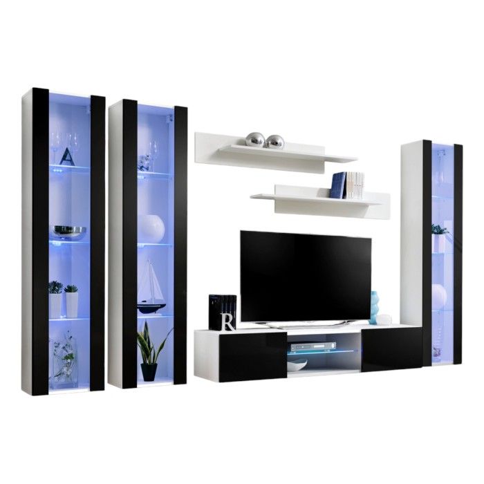 TV-Möbel Set FLY P2 – LED – Weiß und Schwarz – Hängende Designermöbel – Modernes Wohnzimmer