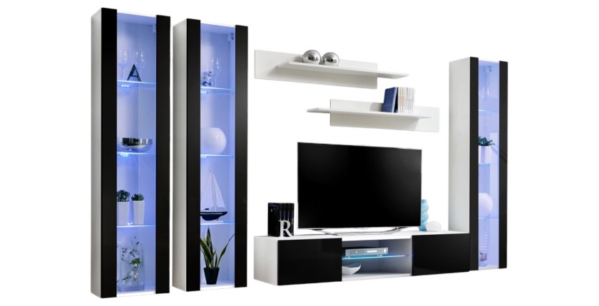 Ensemble Meuble TV FLY P2 avec LED. Coloris blanc et noir. Meubles suspendus design pour votre salon.