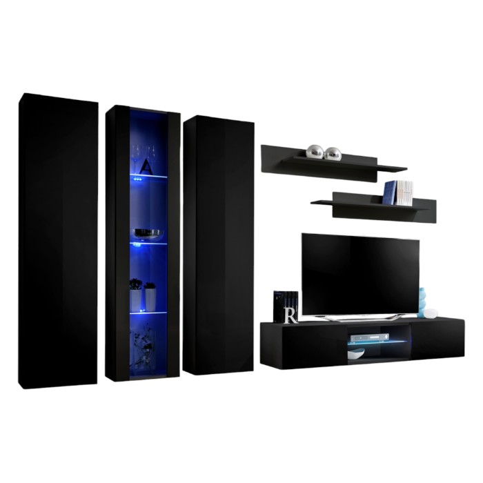 Ensemble Meuble TV FLY P4 avec LED. Coloris noir. Meubles suspendus design pour votre salon.