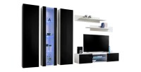 Ensemble Meuble TV FLY P4 avec LED. Coloris blanc et noir. Meubles suspendus design pour votre salon.