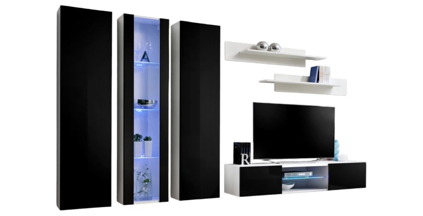 Ensemble Meuble TV FLY P4 avec LED. Coloris blanc et noir. Meubles suspendus design pour votre salon.