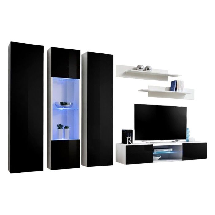 TV-Möbel-Set FLY P5 – Weiß und Schwarz – integrierte LED – Design-Hängemöbel