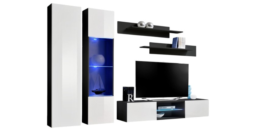 Ensemble Meuble TV FLY O5 avec LED. Coloris noir et blanc. Meuble suspendu design pour votre salon.