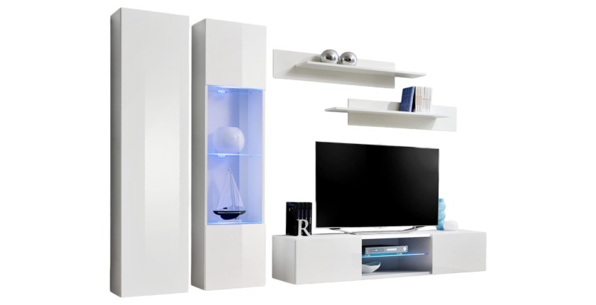 Ensemble Meuble TV FLY O5 avec LED. Coloris blanc. Meuble suspendu design pour votre salon.