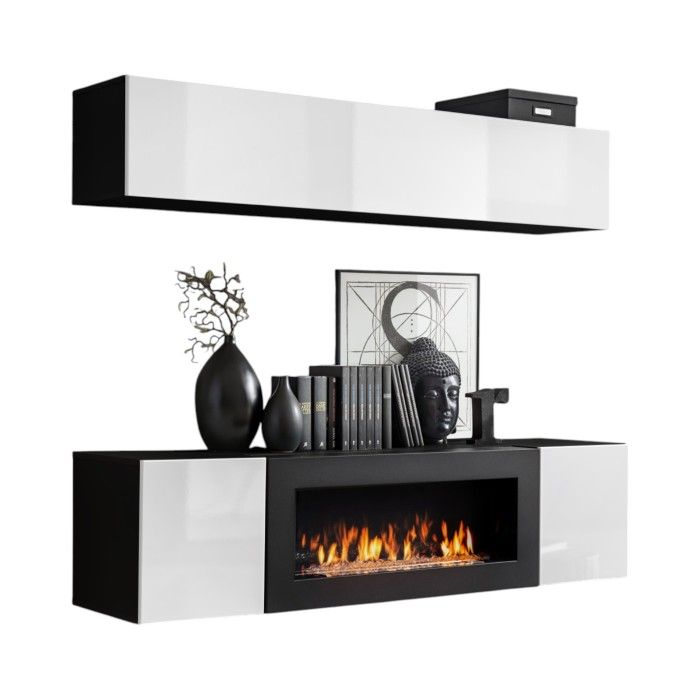 Meubles suspendus avec cheminée décorative collection FLY N1. Coloris noir et blanc