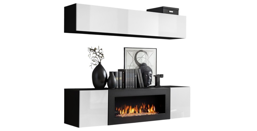 Meubles suspendus avec cheminée décorative collection FLY N1. Coloris noir et blanc
