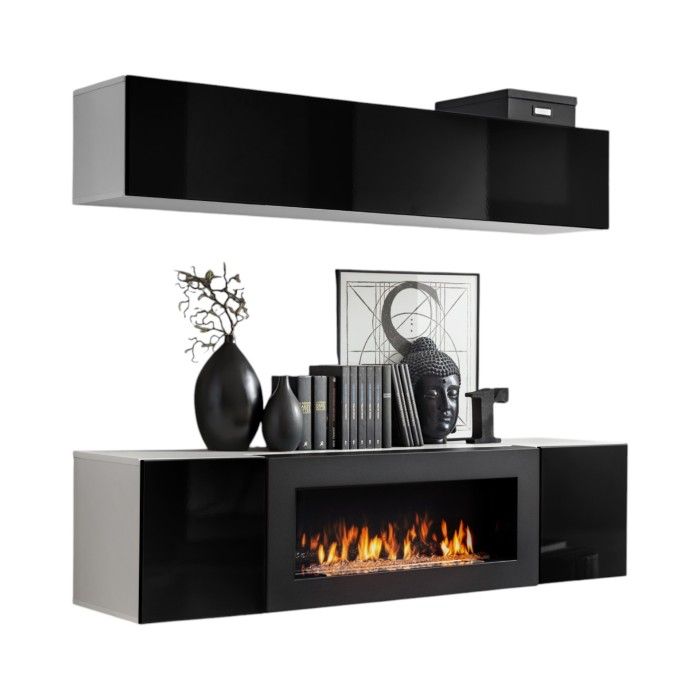 Meubles suspendus avec cheminée décorative collection FLY N1. Coloris blanc et noir.