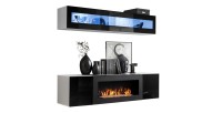 Meubles suspendus avec cheminée décorative collection FLY N2. Coloris blanc et noir.