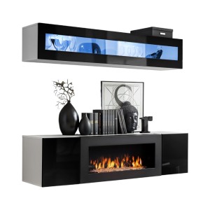 Gehangen meubels met decoratieve haard FLY N2 - Wit en zwart - LED &amp; bio-ethanol