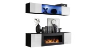 Meubles suspendus avec cheminée décorative collection FLY N3. Coloris noir et blanc.