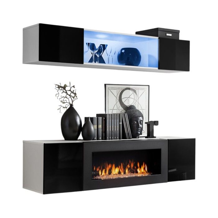 Wandmontierte Möbel mit dekorativem Kamin FLY N3 – Weiß und Schwarz – Design-Hängeschrank für Ihr Wohnzimmer