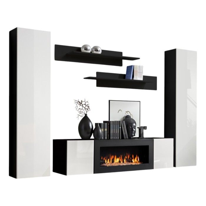 Ensemble de meubles suspendus avec cheminée décorative collection FLY M1. Coloris noir et blanc.