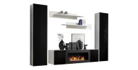 Ensemble de meubles suspendus avec cheminée décorative collection FLY M1. Coloris blanc et noir.