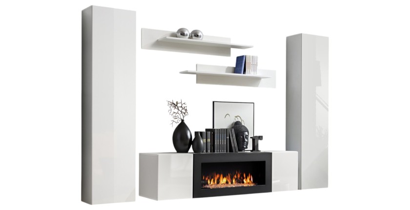 Ensemble de meubles suspendus avec cheminée décorative collection FLY M1. Coloris blanc.