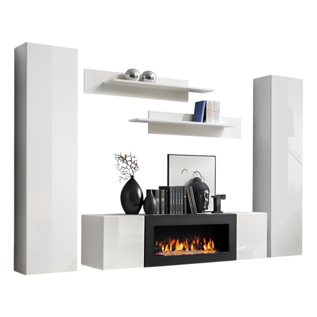 Ensemble de meubles suspendus avec cheminée décorative collection FLY M1. Coloris blanc.