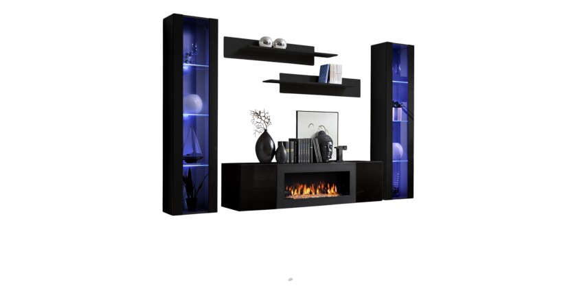 Ensemble de meubles suspendus avec cheminée décorative collection FLY M2. Coloris noir.