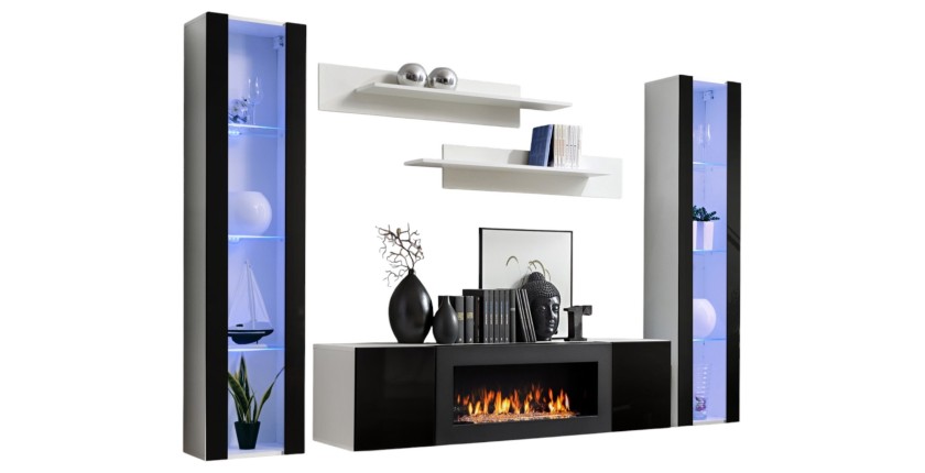 Ensemble de meubles suspendus avec cheminée décorative collection FLY M2. Coloris blanc. et noir