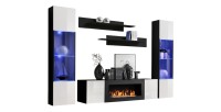 Ensemble de meubles suspendus avec cheminée décorative collection FLY M3. Coloris noir et blanc.