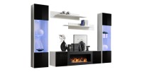 Ensemble de meubles suspendus avec cheminée décorative collection FLY M3. Coloris blanc et noir.