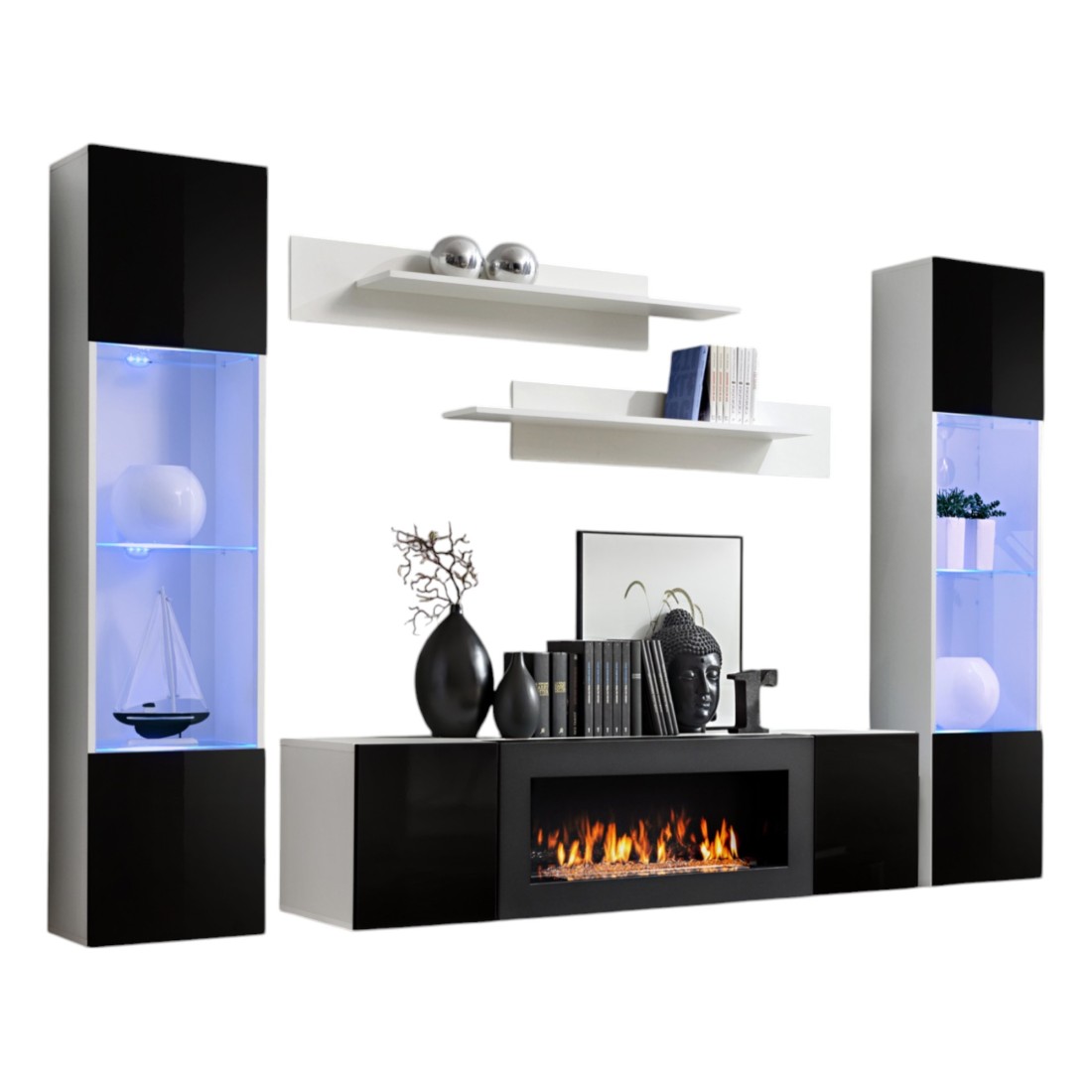 Ensemble de meubles suspendus avec cheminée décorative collection FLY M3. Coloris blanc et noir.