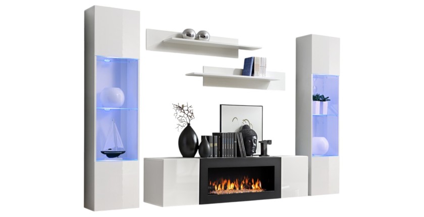 Ensemble de meubles suspendus avec cheminée décorative collection FLY M3. Coloris blanc.
