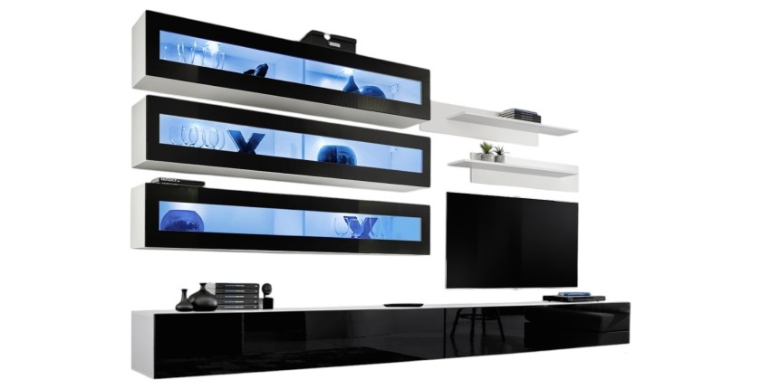 Ensemble de meubles suspendus avec LEDS collection FLY J2. Coloris blanc et noir.