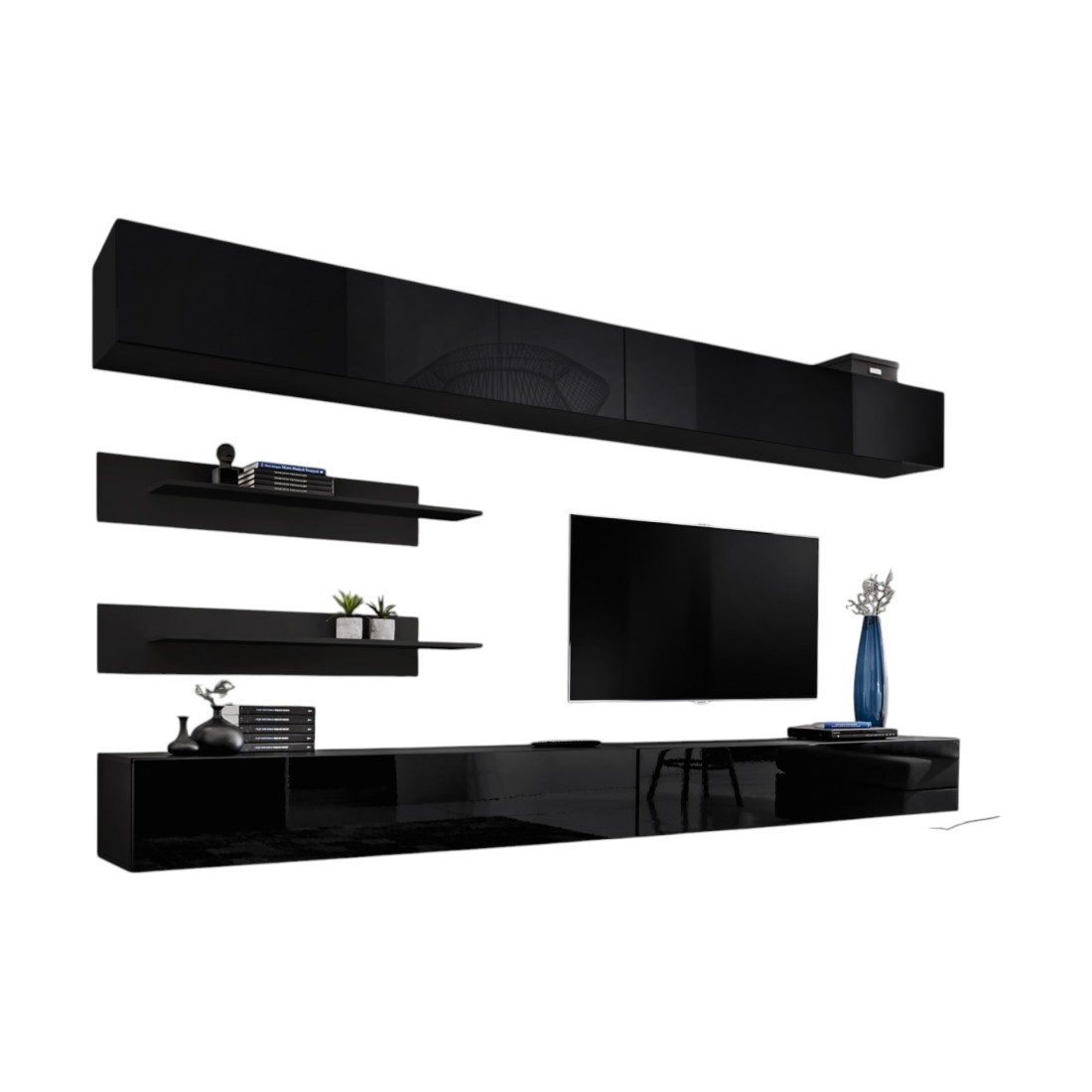 Ensemble de meubles suspendus FLY. Coloris noir mat et noire brillant.