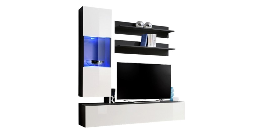Meuble TV FLY H3 design, coloris noir et blanc brillant. Meuble suspendu moderne et tendance pour votre salon.
