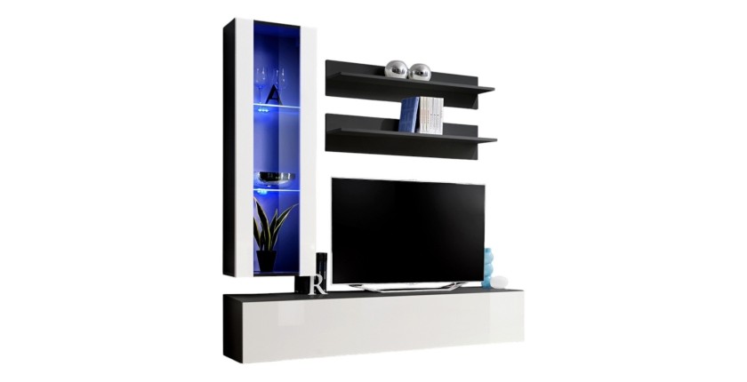 Meuble TV FLY H2 design, coloris noir et blanc brillant. Meuble suspendu moderne et tendance pour votre salon.
