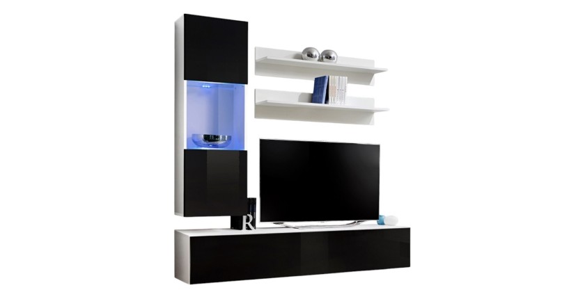 Meuble TV FLY H3 design, coloris blanc et noir brillant. Meuble suspendu moderne et tendance pour votre salon.