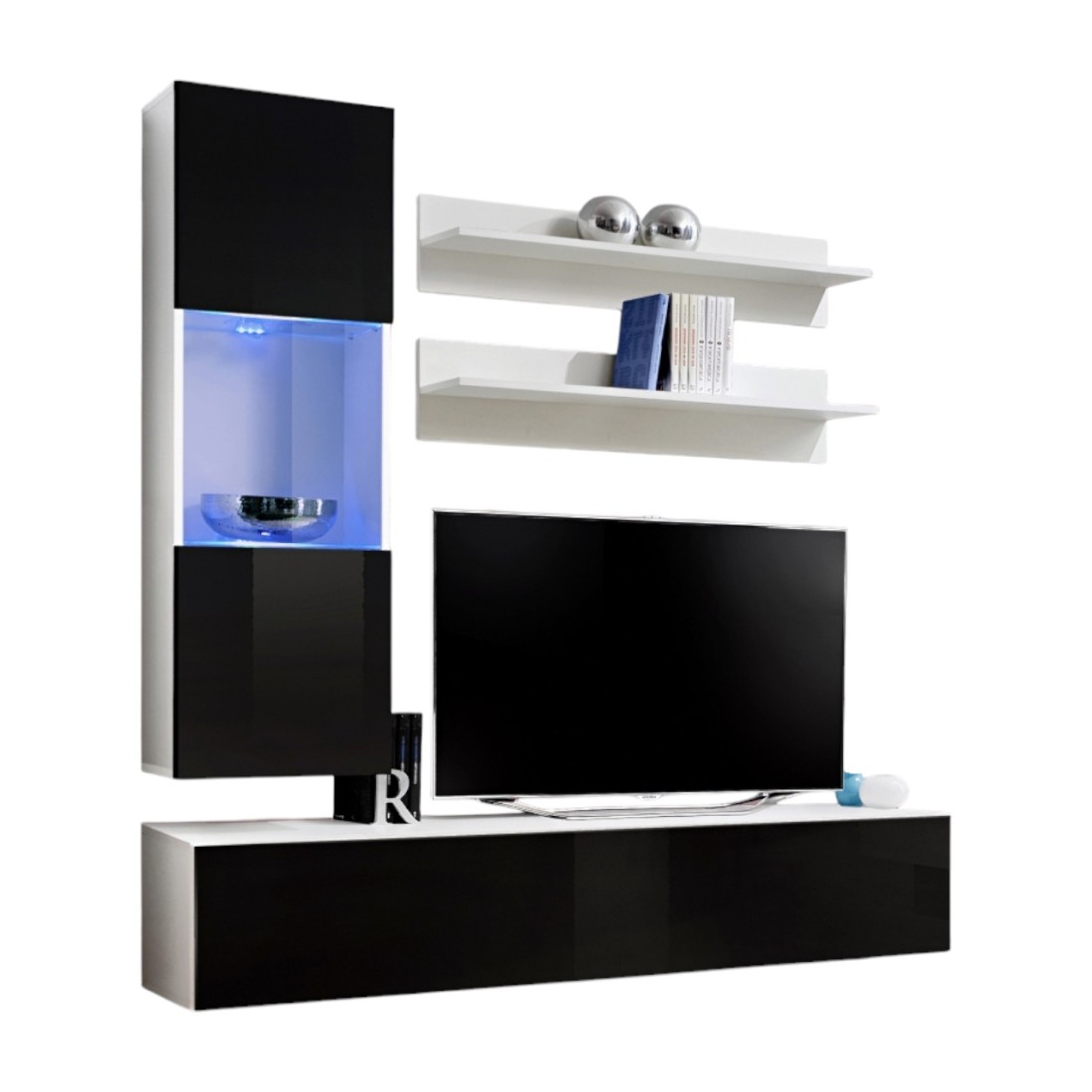 Meuble TV FLY H3 design, coloris blanc et noir brillant. Meuble suspendu moderne et tendance pour votre salon.