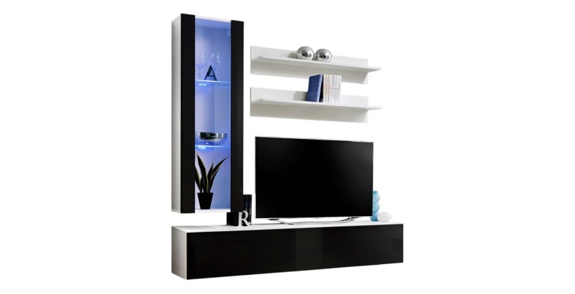 Meuble TV FLY H2 design, coloris blanc et noir brillant. Meuble suspendu moderne et tendance pour votre salon.